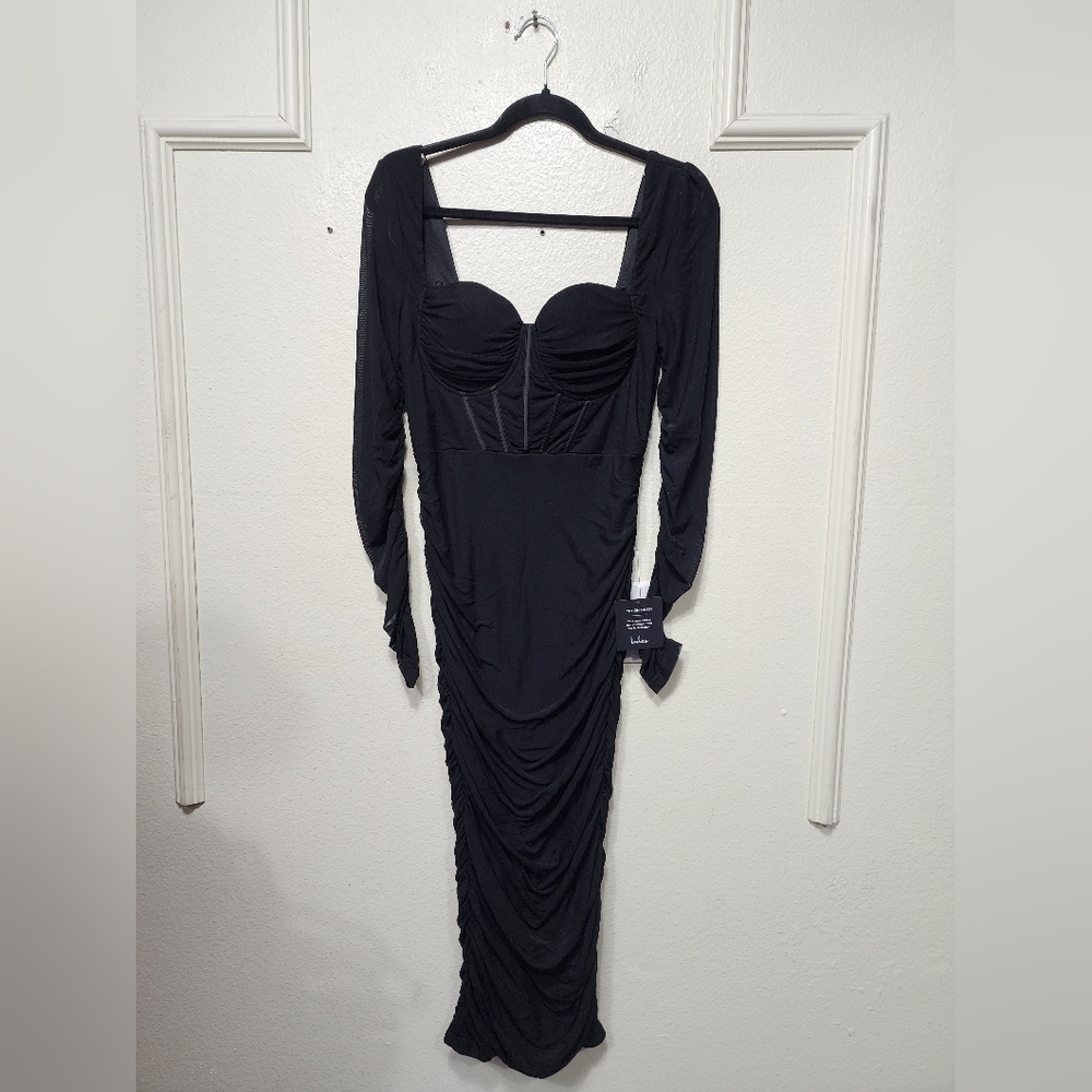 Lulus Dramatic Demure Black Mesh Halter Bustier Midi Dress M Wedding Party - Picture 6 of 10